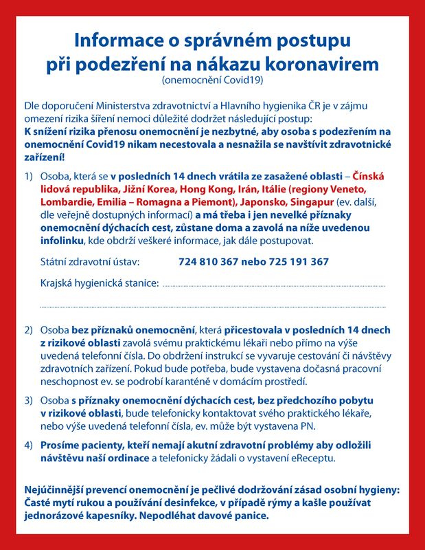 Informace o sprvnm postupu
pi podezen na nkazu koronavirem